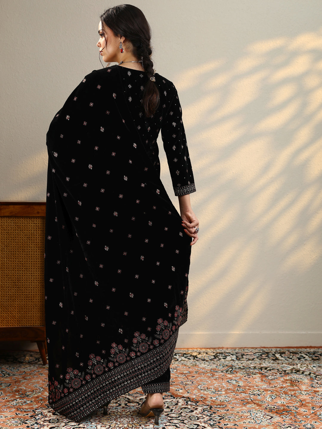  Black Embroidered Velvet Straight Suit With Dupatta 