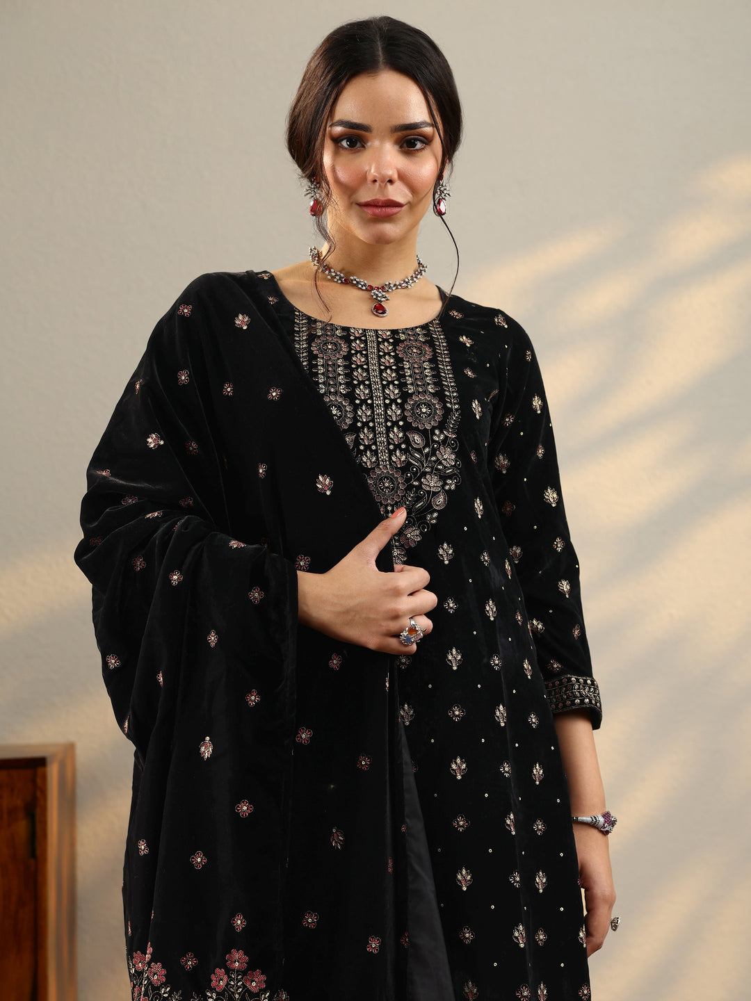  Black Embroidered Velvet Straight Suit With Dupatta 
