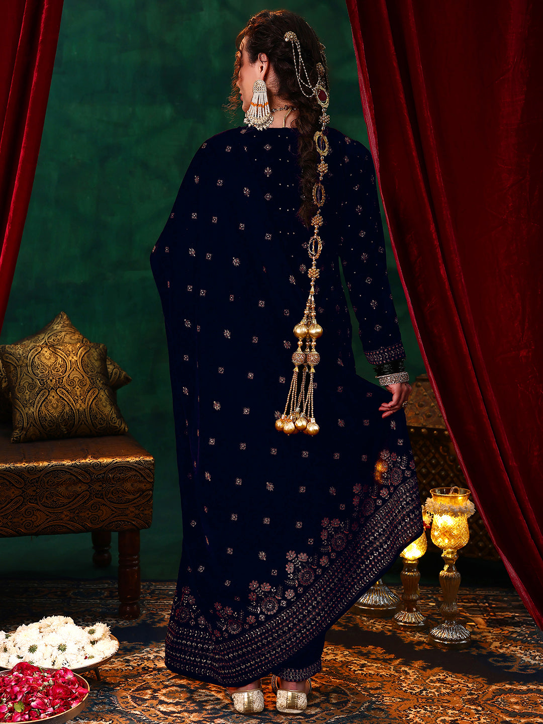 Blue Embroidered Velvet Straight Suit With Dupatta 