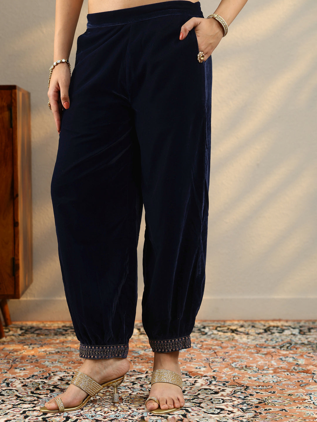  Blue Embroidered Velvet Straight Suit With Dupatta 