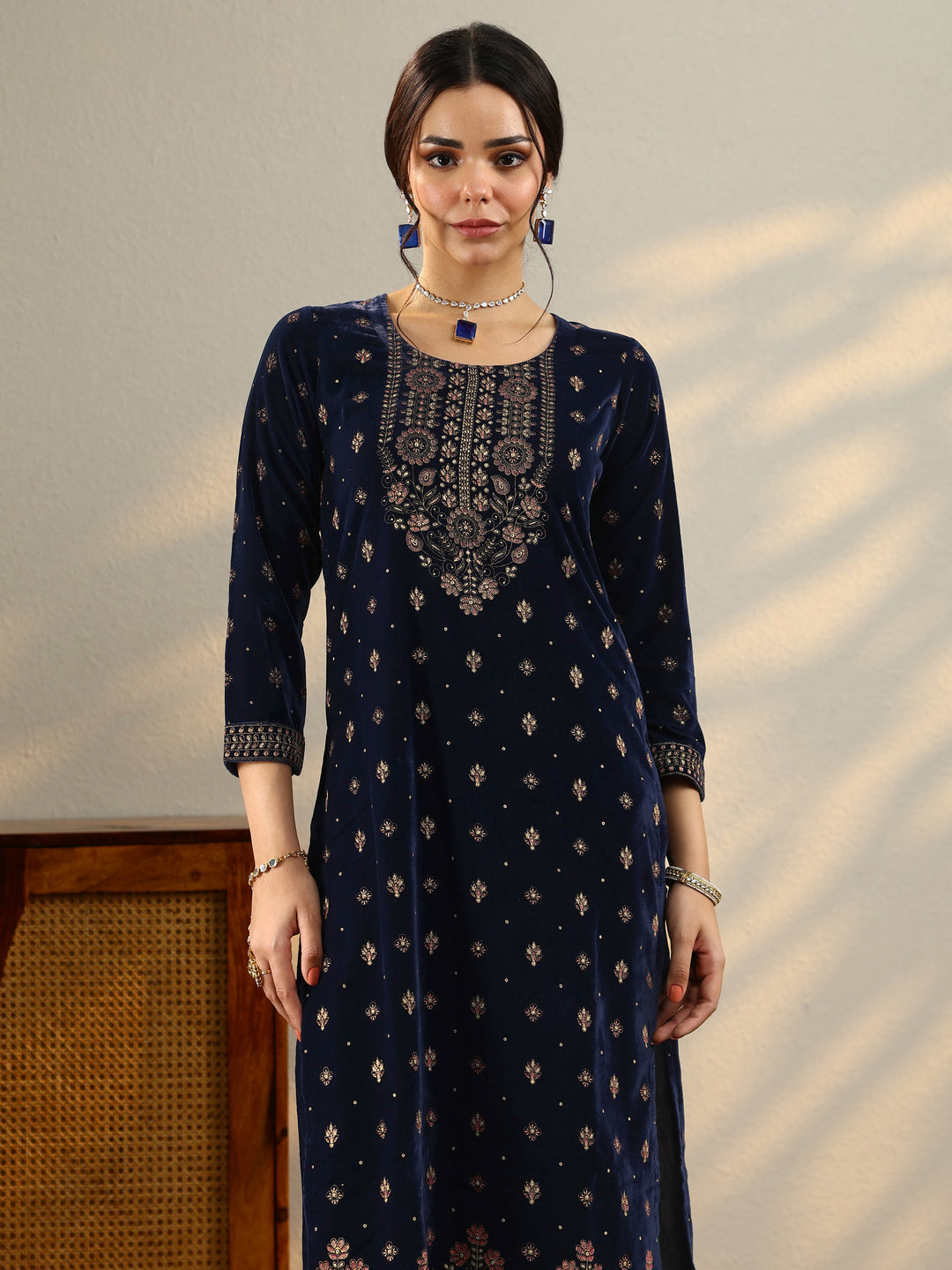  Blue Embroidered Velvet Straight Suit With Dupatta 