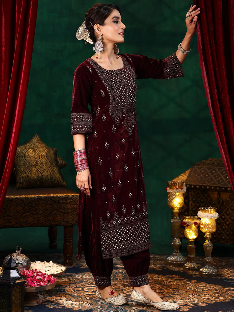 Libas Burgundy Embroidered Velvet Straight Suit With Dupatta