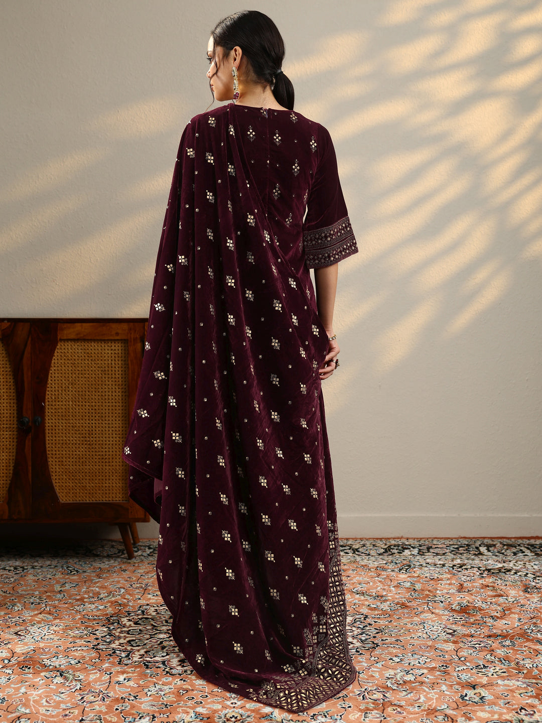  Burgundy Embroidered Velvet Straight Suit With Dupatta 
