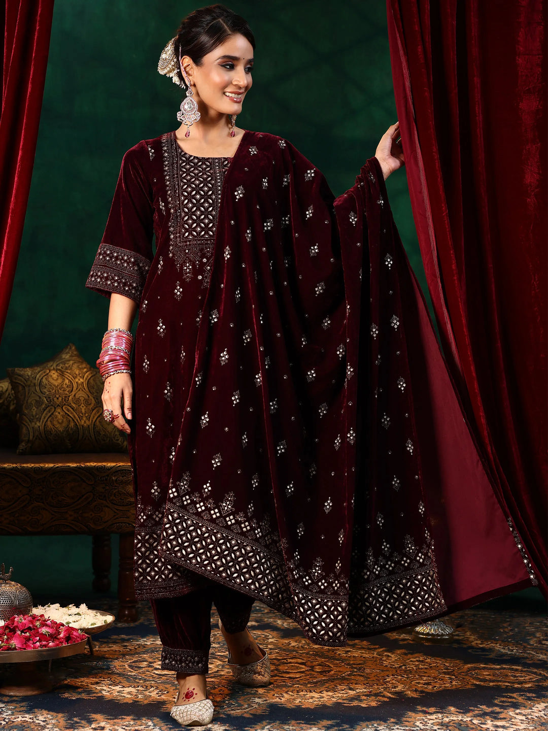  Burgundy Embroidered Velvet Straight Suit With Dupatta 