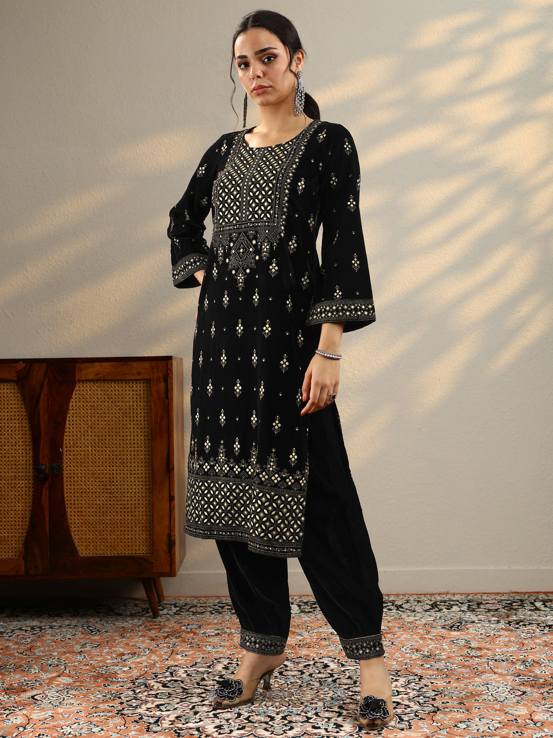  Black Embroidered Velvet Straight Suit With Dupatta 