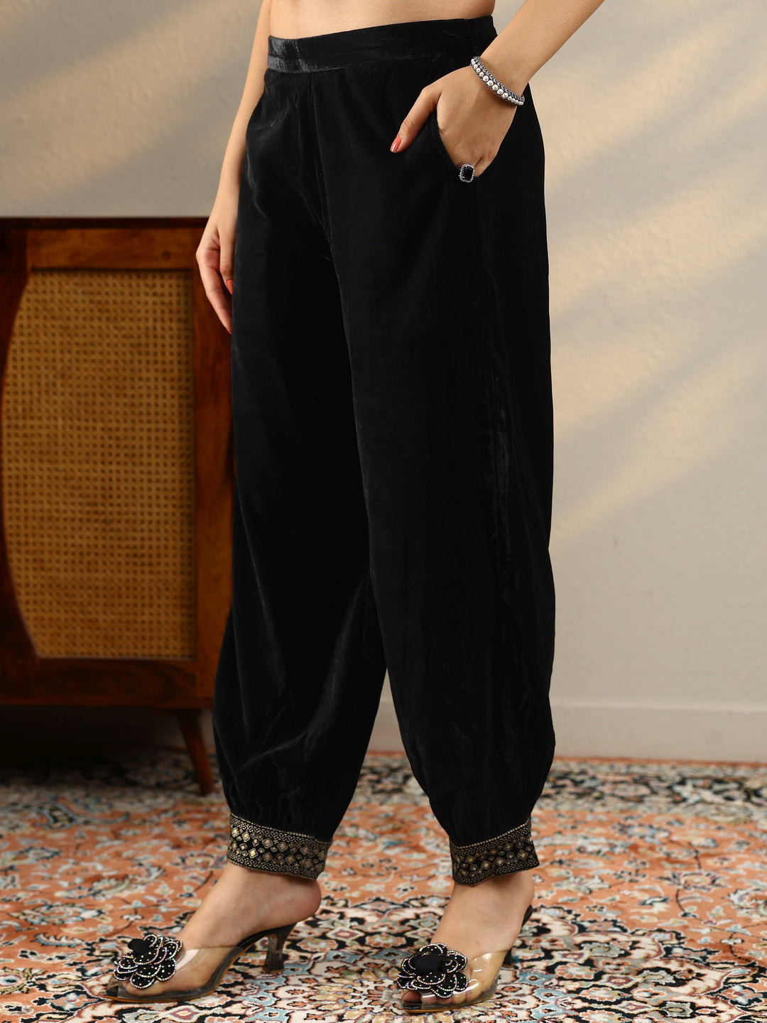  Black Embroidered Velvet Straight Suit With Dupatta 
