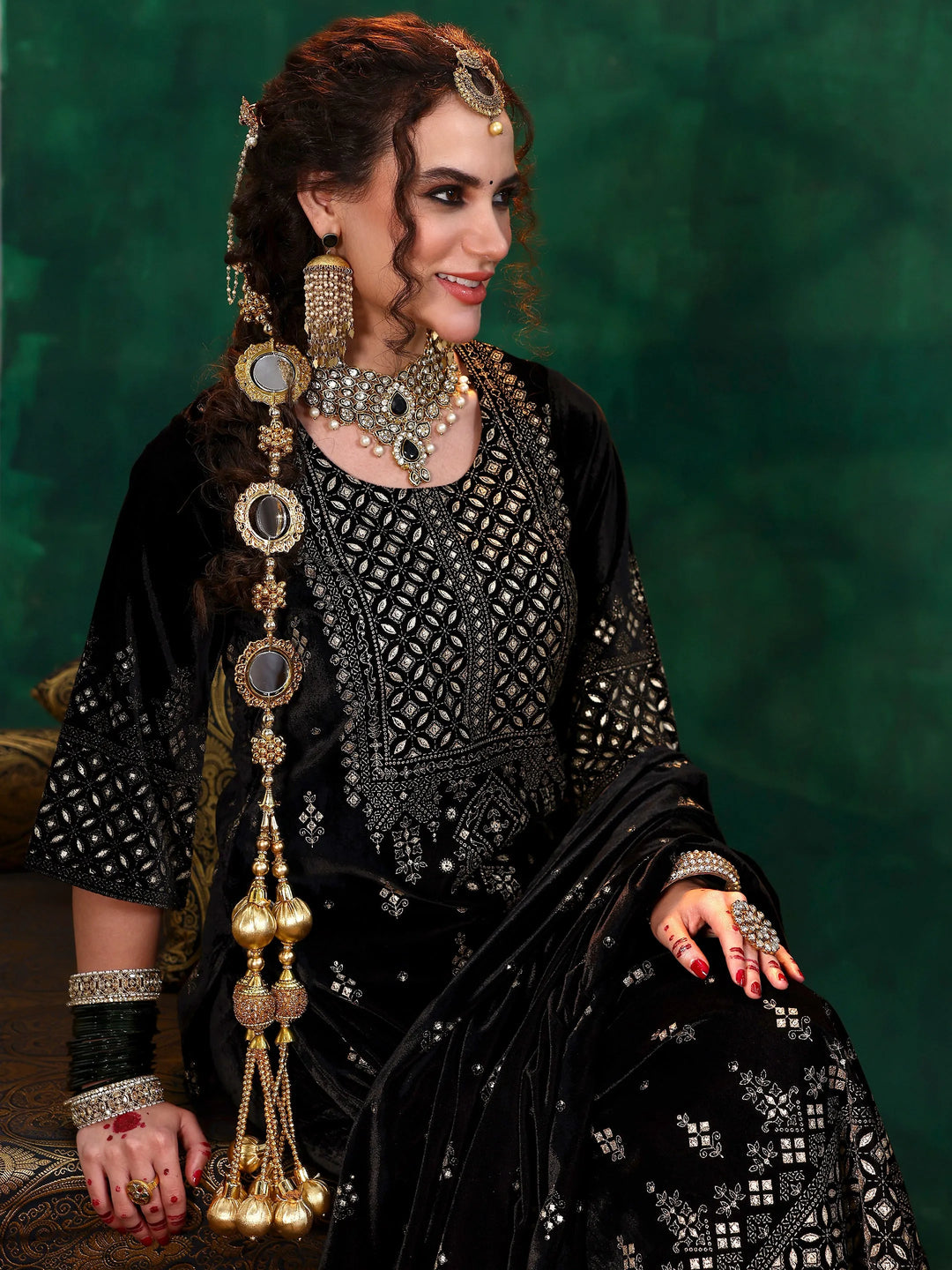  Black Embroidered Velvet Straight Suit With Dupatta 