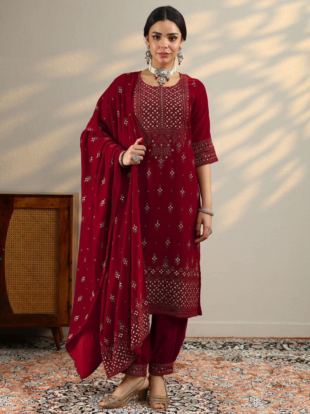  Red Embroidered Velvet Straight Suit With Dupatta 