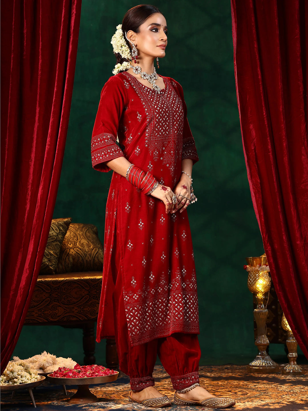  Red Embroidered Velvet Straight Suit With Dupatta 