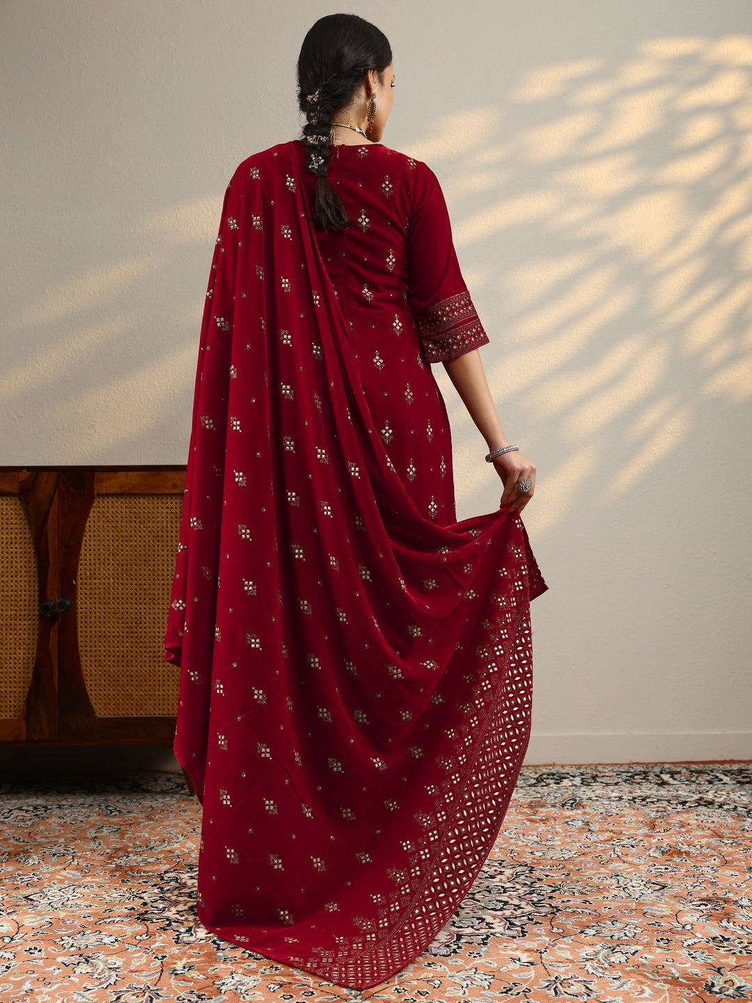  Red Embroidered Velvet Straight Suit With Dupatta 