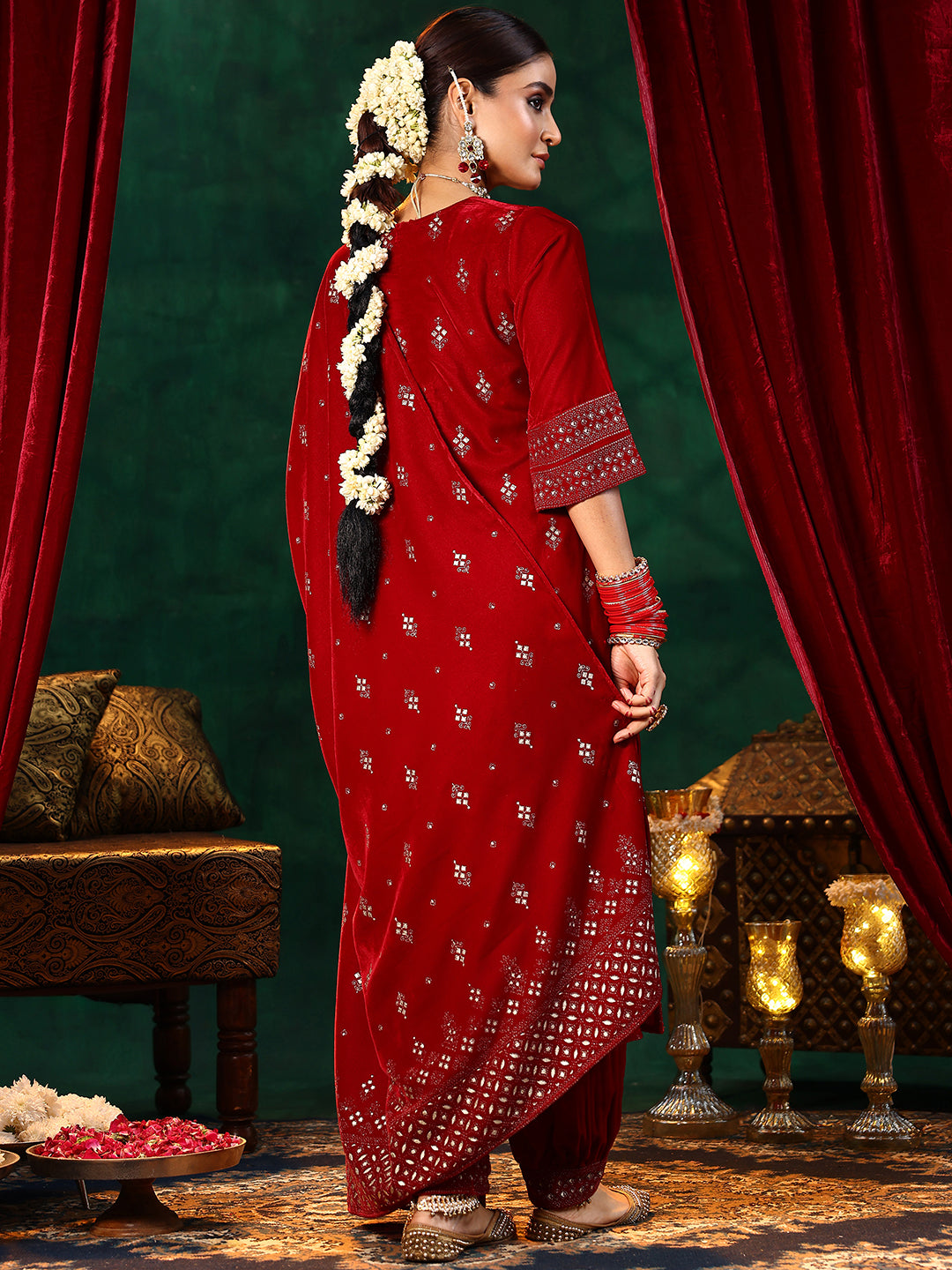 Red Embroidered Velvet Straight Suit With Dupatta 