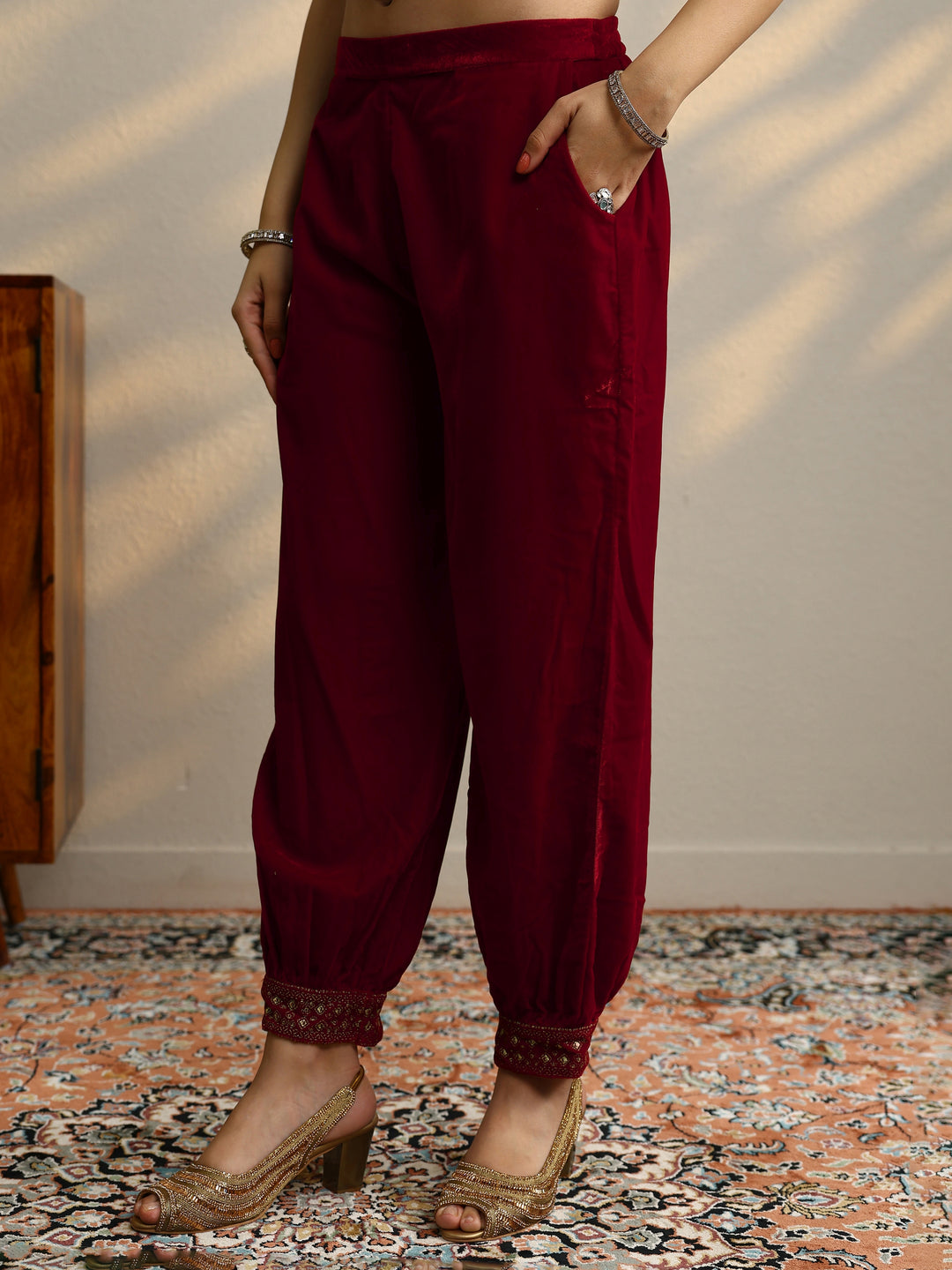  Red Embroidered Velvet Straight Suit With Dupatta 