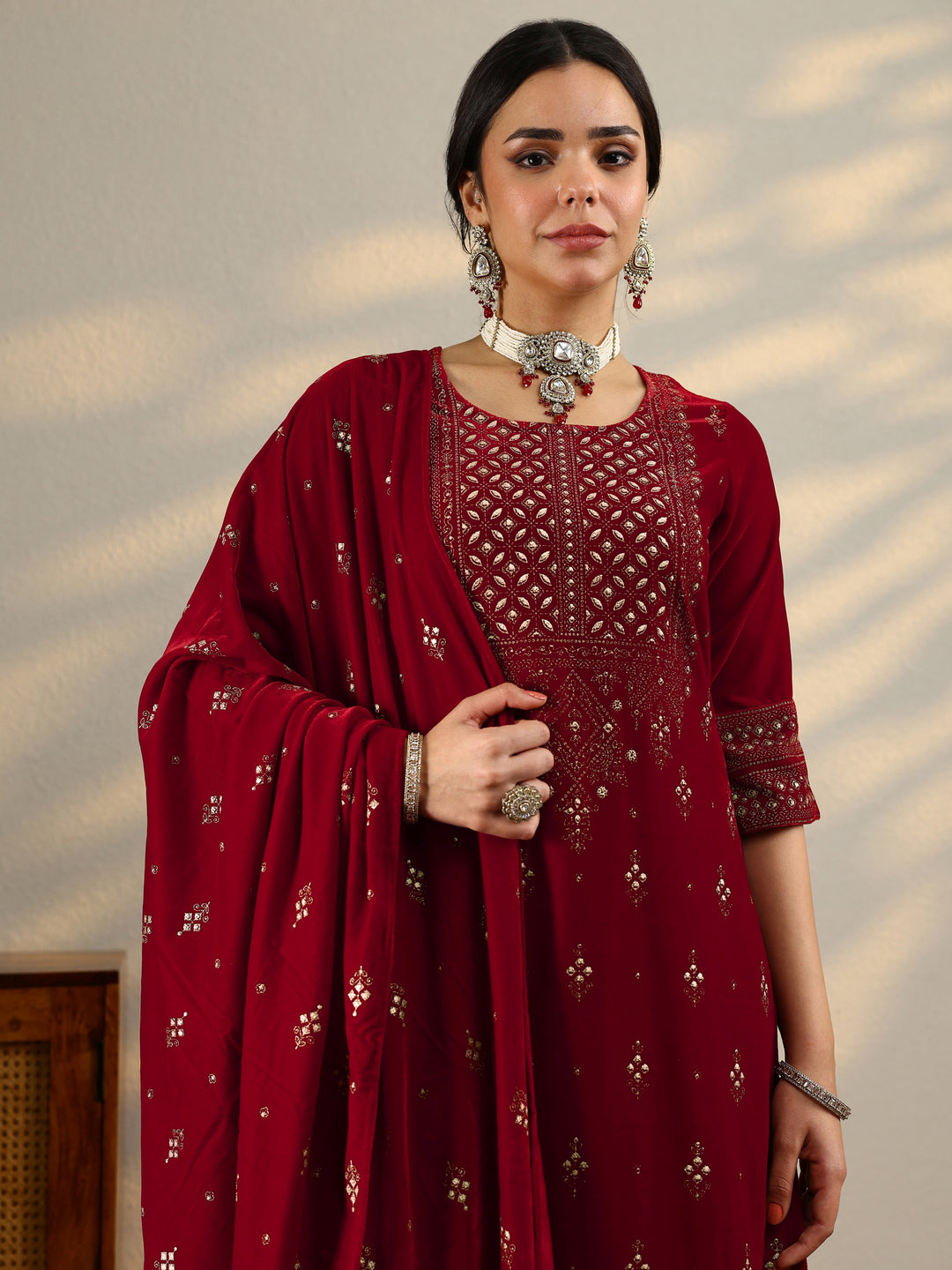  Red Embroidered Velvet Straight Suit With Dupatta 