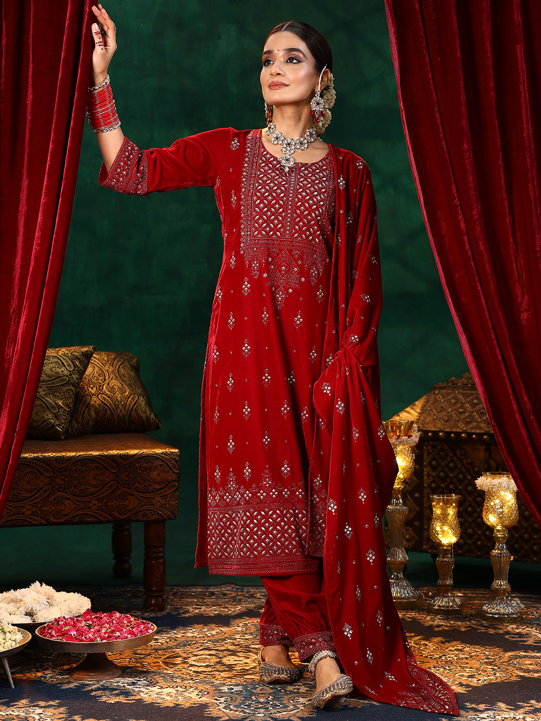  Red Embroidered Velvet Straight Suit With Dupatta 