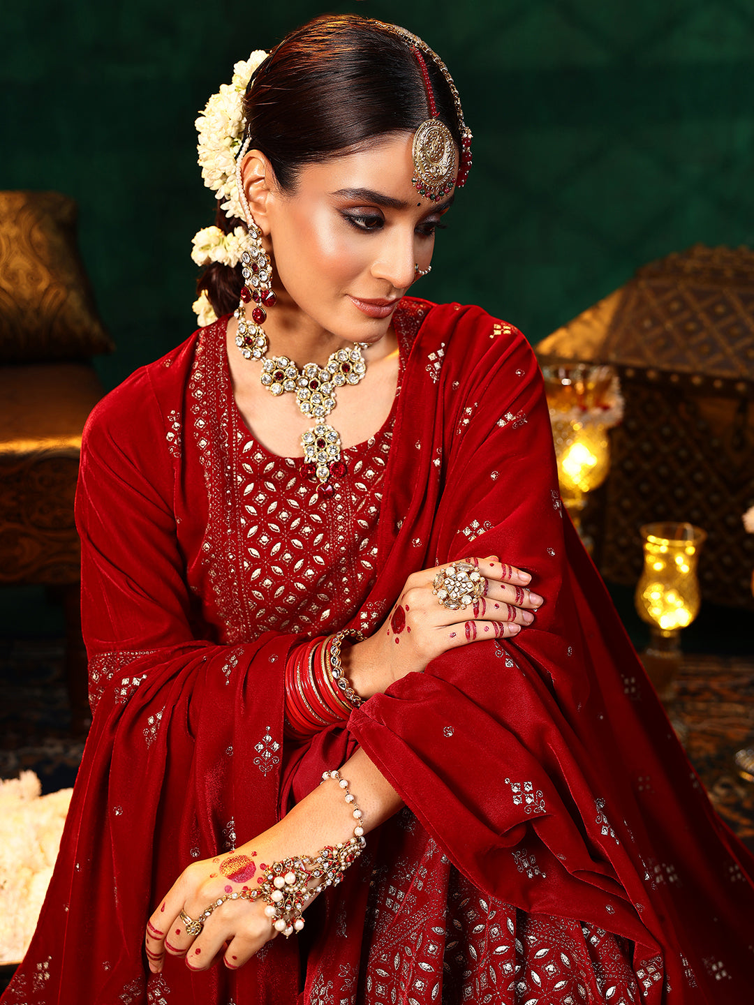  Red Embroidered Velvet Straight Suit With Dupatta 