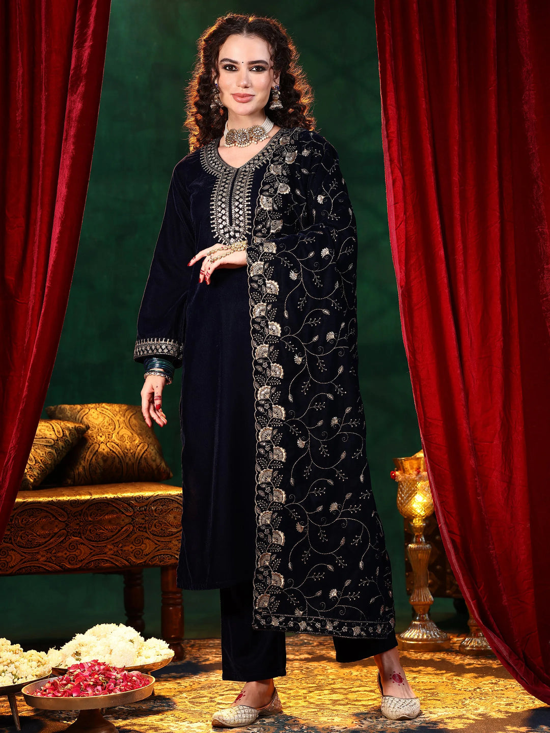  Blue Yoke Design Velvet Straight Suit With Dupatta 