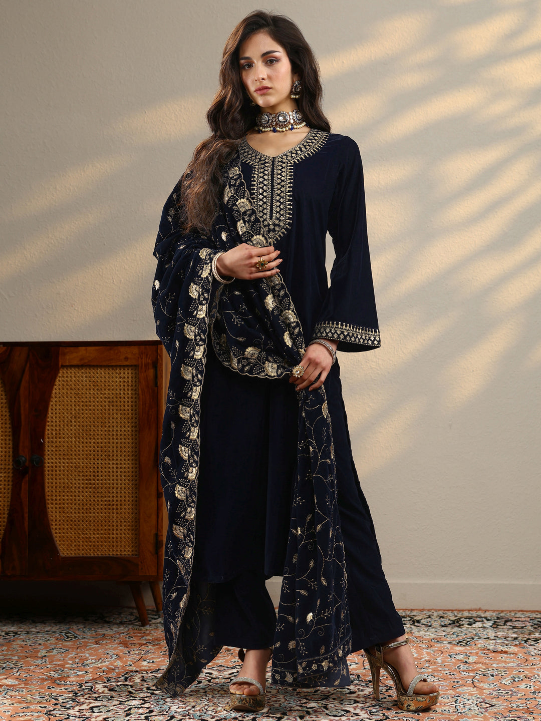  Blue Yoke Design Velvet Straight Suit With Dupatta 