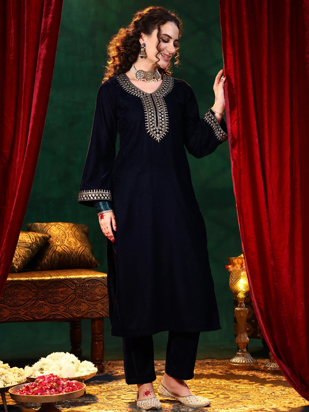  Blue Yoke Design Velvet Straight Suit With Dupatta 