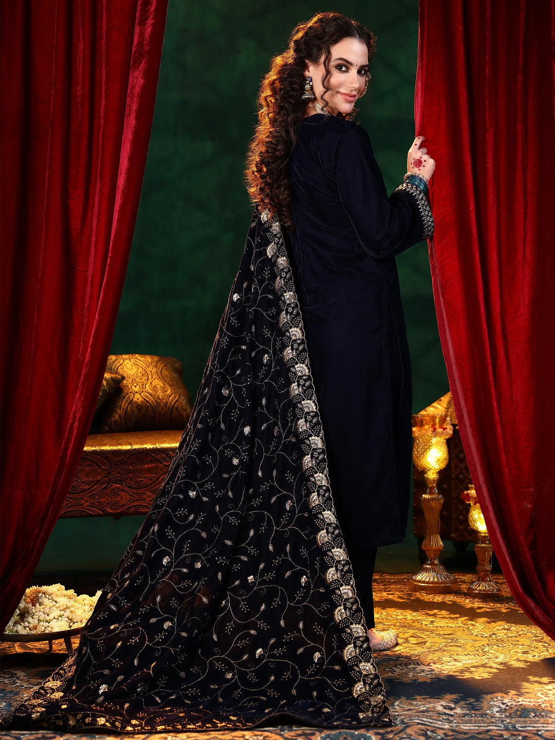  Blue Yoke Design Velvet Straight Suit With Dupatta 