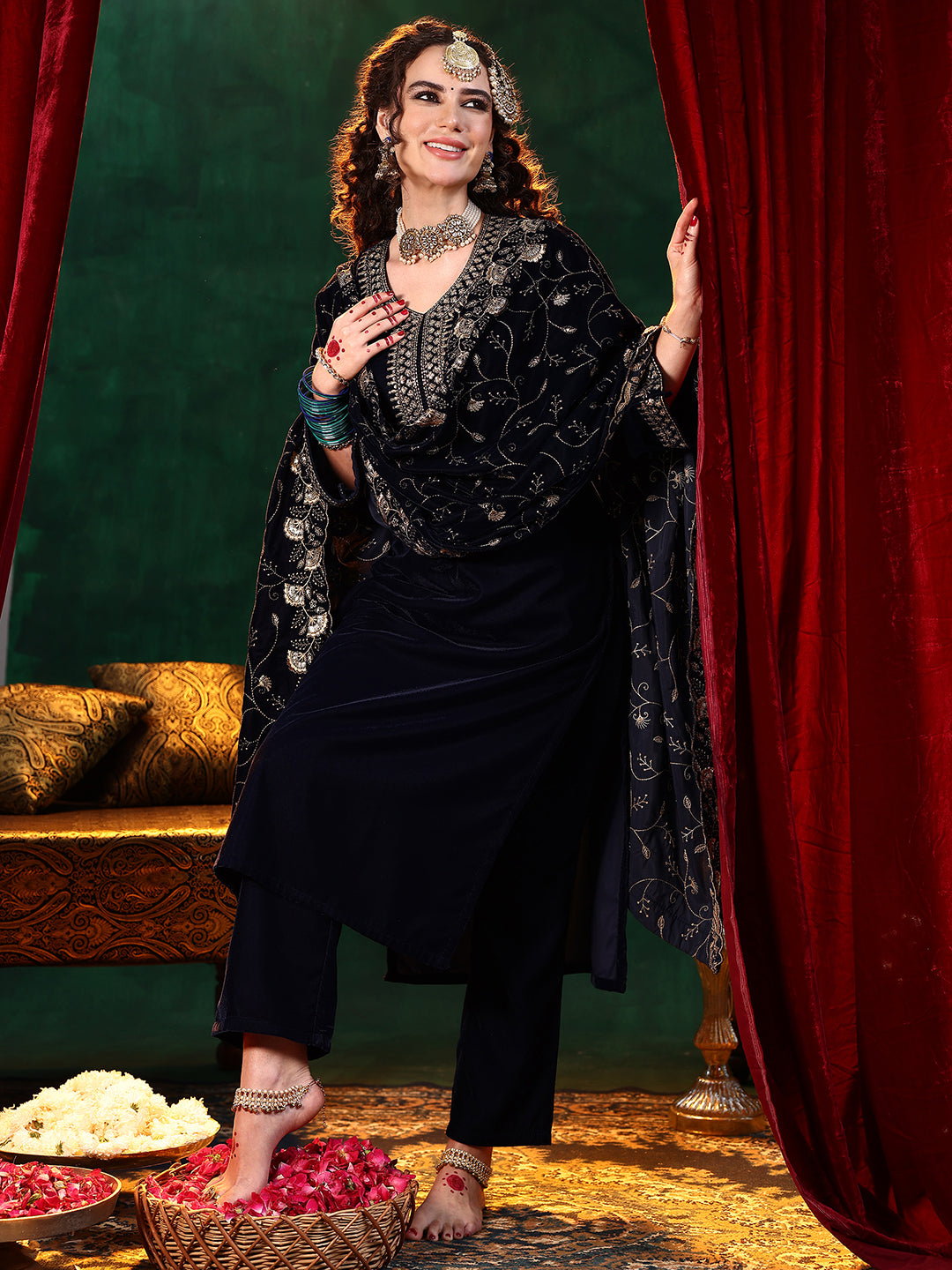  Blue Yoke Design Velvet Straight Suit With Dupatta 