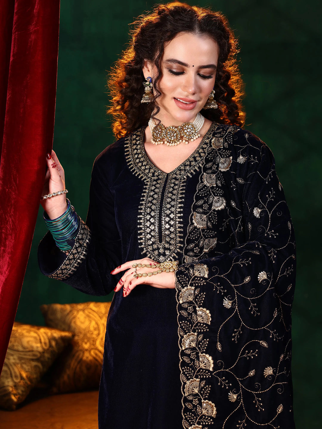  Blue Yoke Design Velvet Straight Suit With Dupatta 