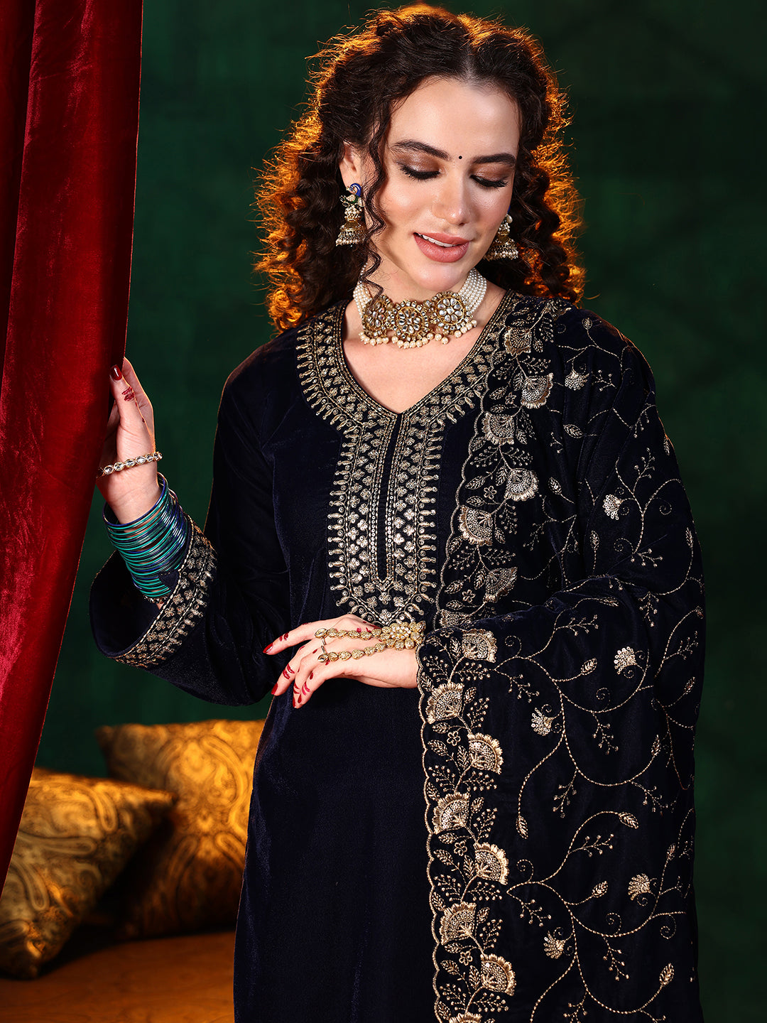  Blue Yoke Design Velvet Straight Suit With Dupatta 