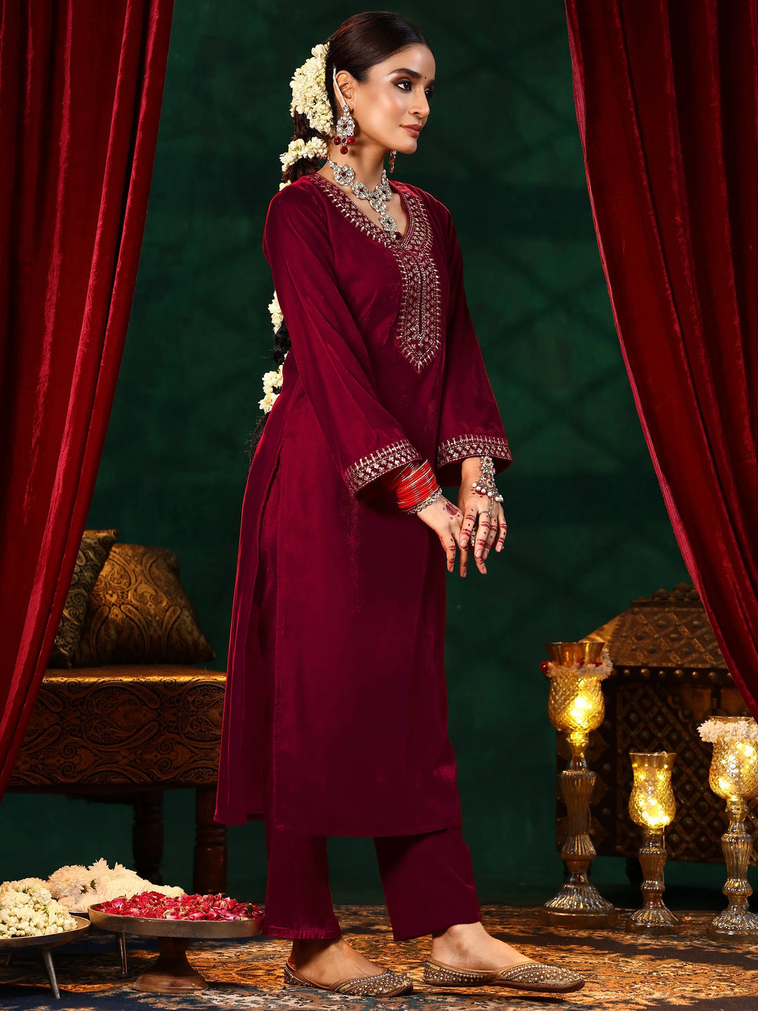  Red Yoke Design Velvet Straight Suit With Dupatta 
