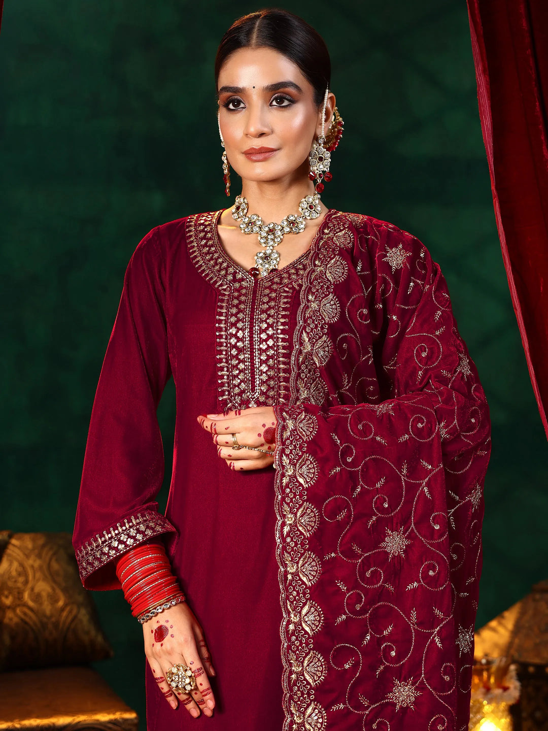  Red Yoke Design Velvet Straight Suit With Dupatta 