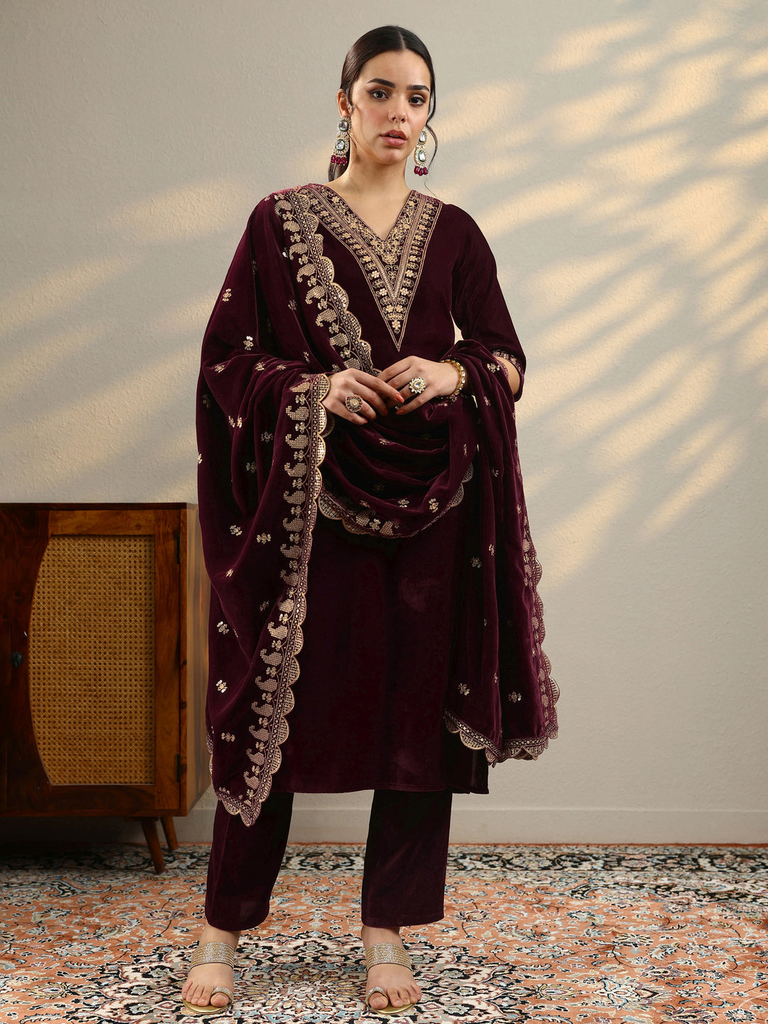  Burgundy Yoke Design Velvet Straight Suit With Dupatta 