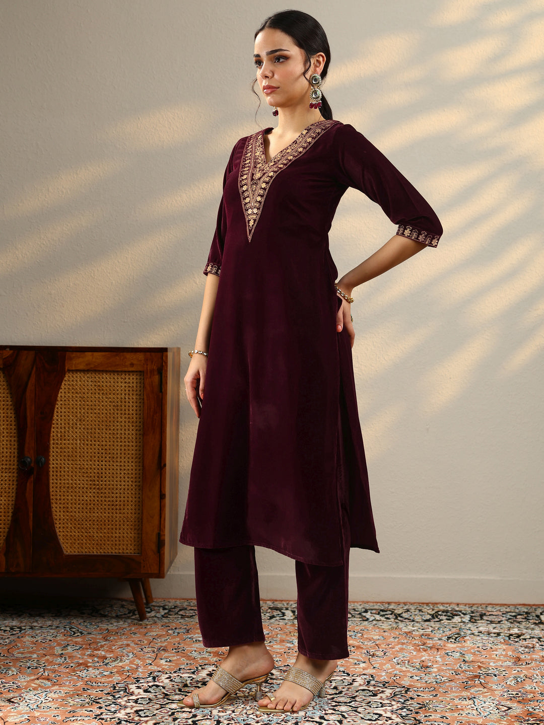  Burgundy Yoke Design Velvet Straight Suit With Dupatta 