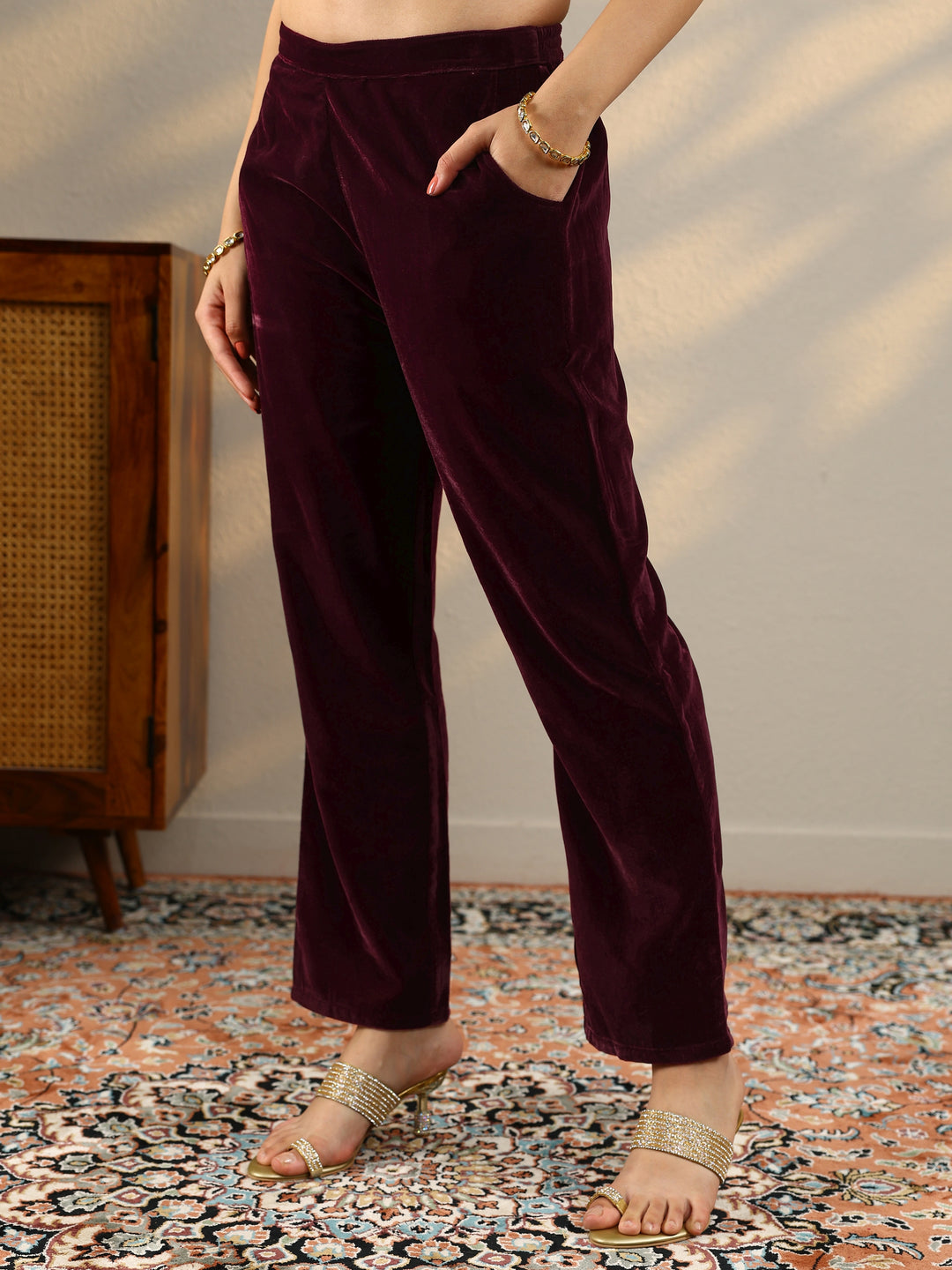  Burgundy Yoke Design Velvet Straight Suit With Dupatta 