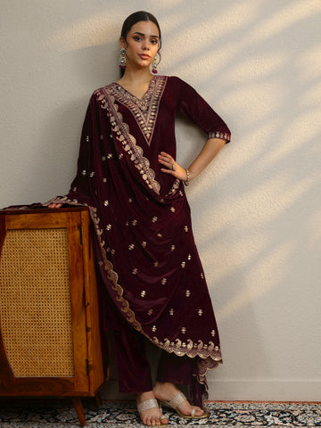 Libas Burgundy Yoke Design Velvet Straight Suit With Dupatta