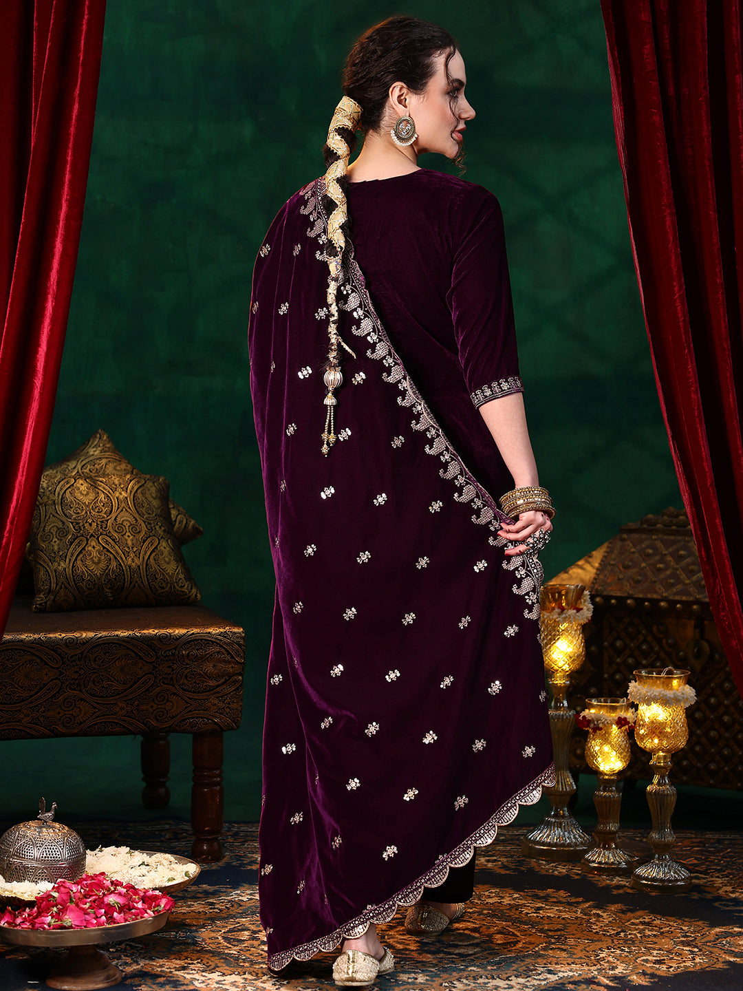  Burgundy Yoke Design Velvet Straight Suit With Dupatta 