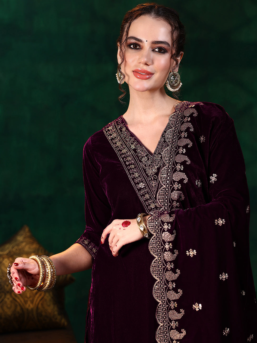  Burgundy Yoke Design Velvet Straight Suit With Dupatta 