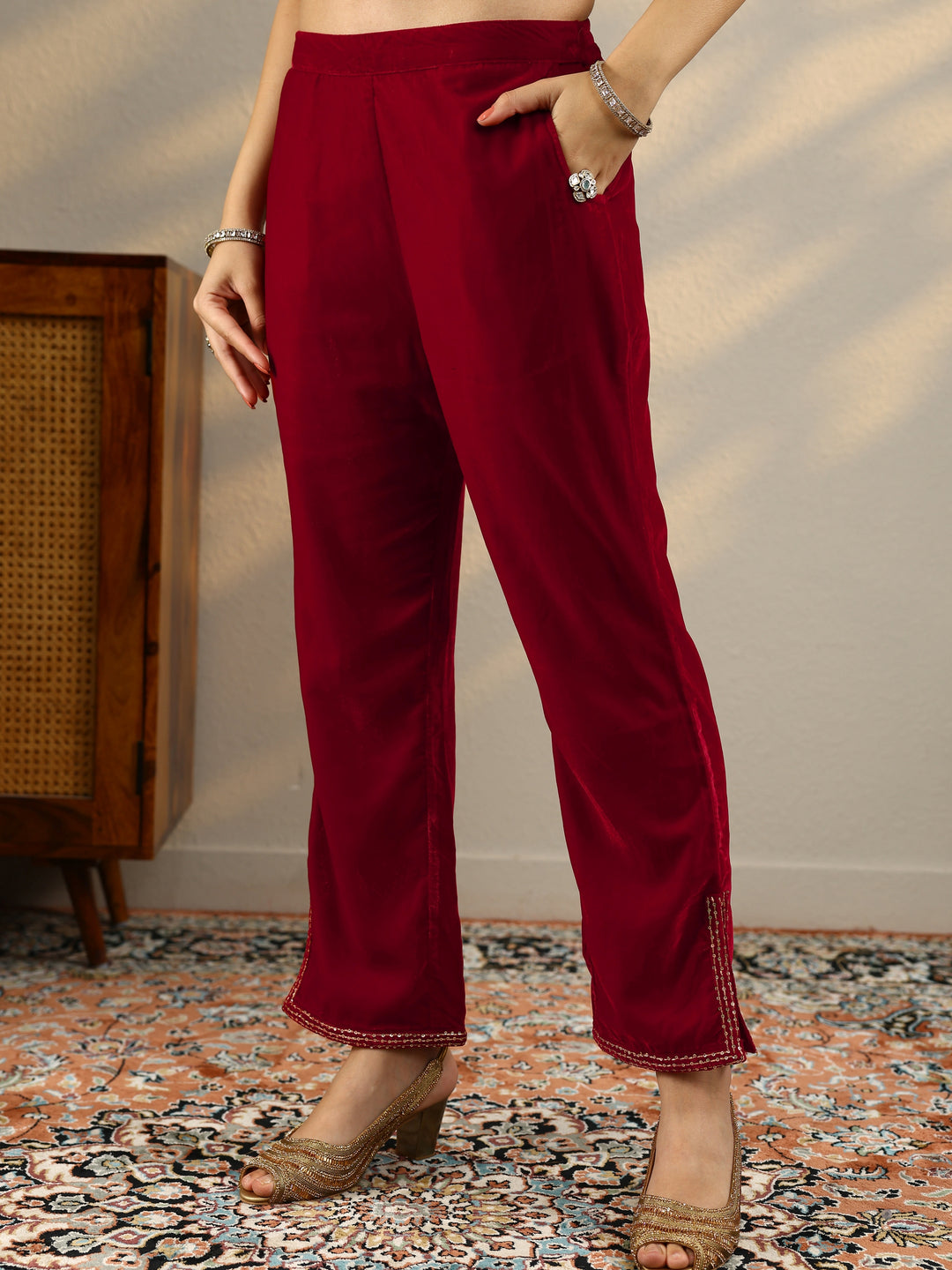  Red Yoke Design Velvet A-Line Kurta With Trousers & Dupatta 