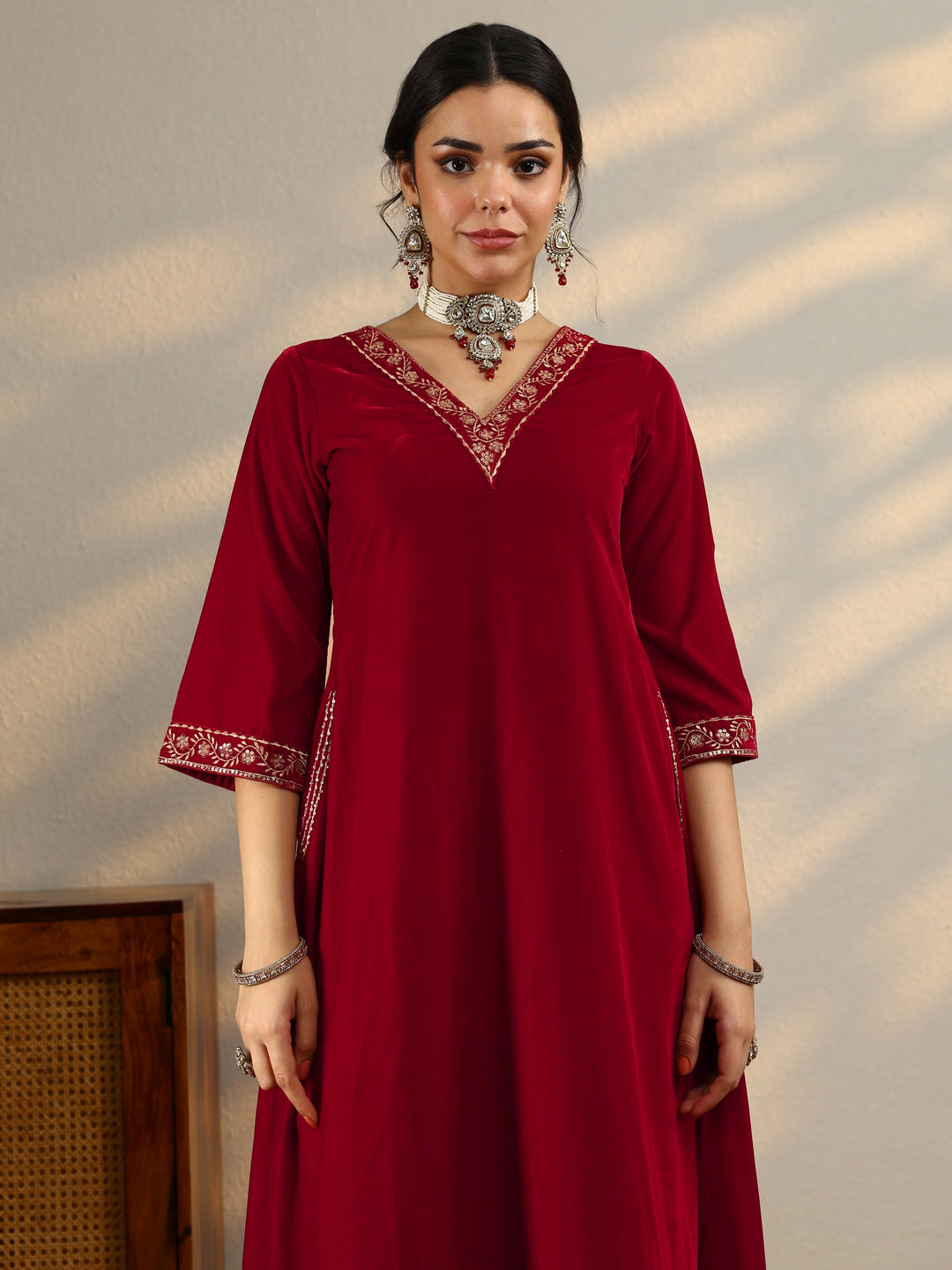  Red Yoke Design Velvet A-Line Kurta With Trousers & Dupatta 