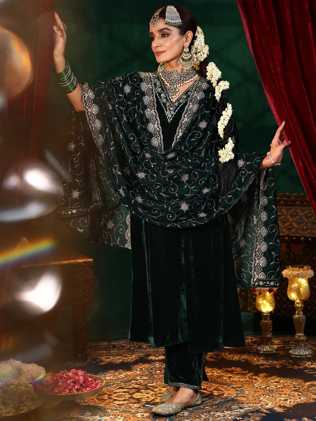  Green Yoke Design Velvet A-Line Kurta With Trousers & Dupatta 