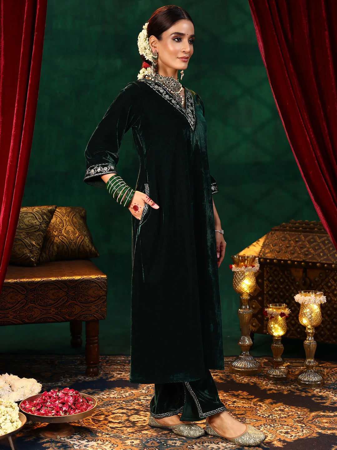  Green Yoke Design Velvet A-Line Kurta With Trousers & Dupatta 