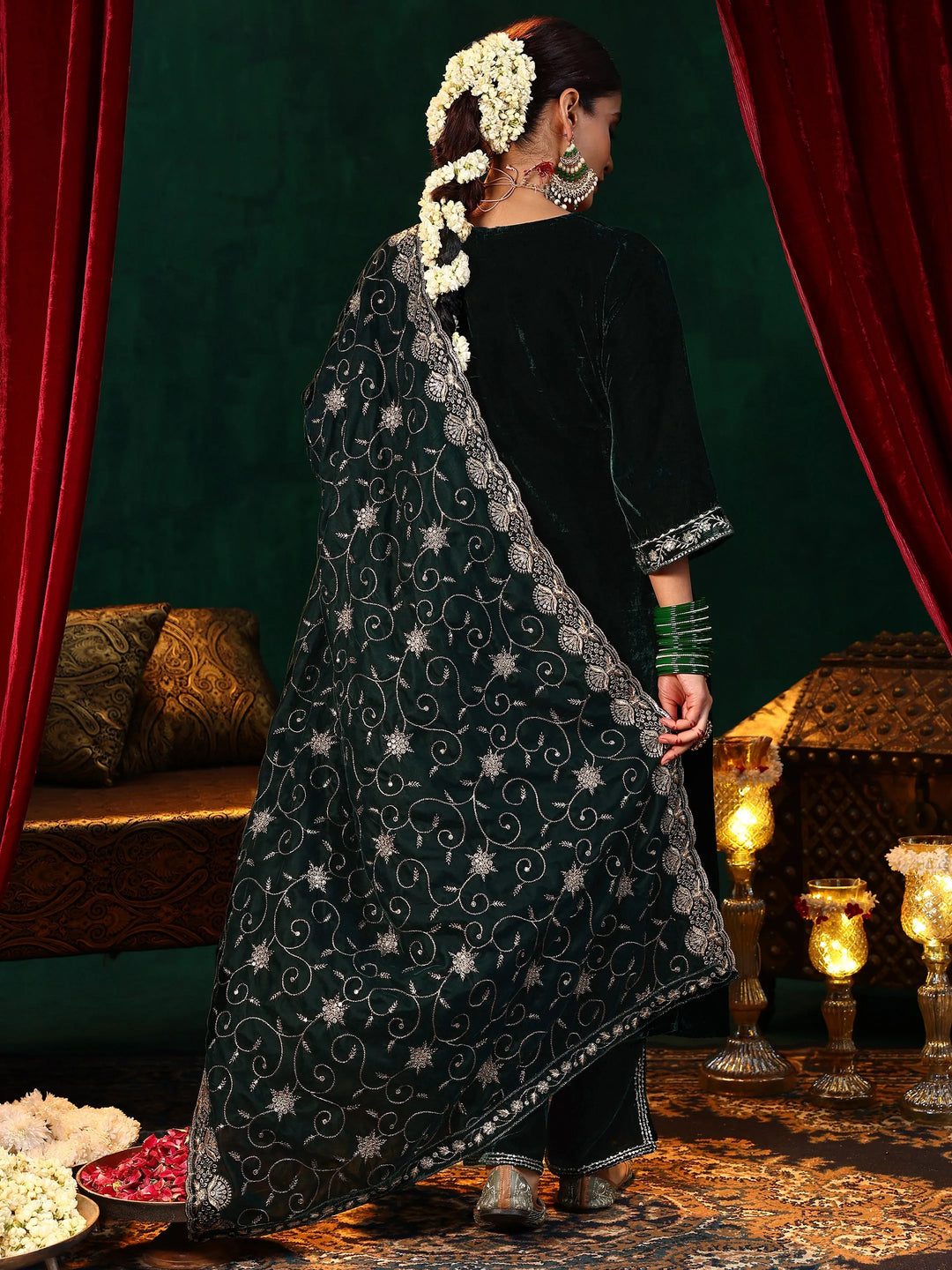  Green Yoke Design Velvet A-Line Kurta With Trousers & Dupatta 