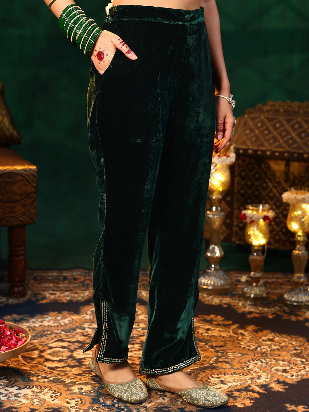  Green Yoke Design Velvet A-Line Kurta With Trousers & Dupatta 