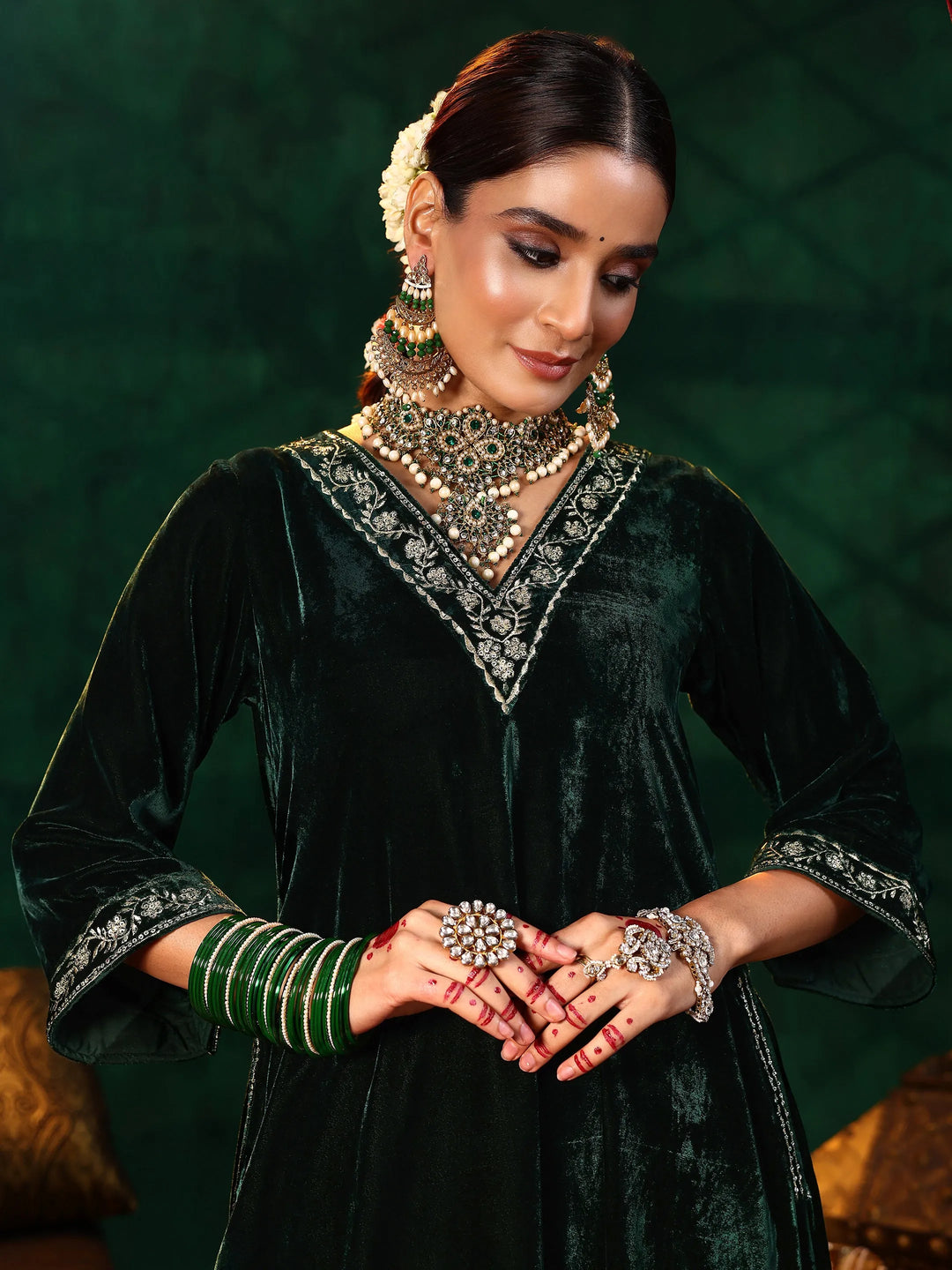  Green Yoke Design Velvet A-Line Kurta With Trousers & Dupatta 