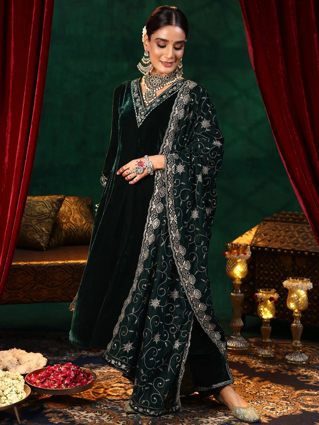  Green Yoke Design Velvet A-Line Kurta With Trousers & Dupatta 