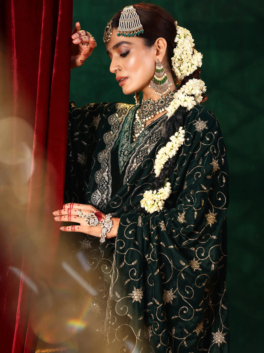  Green Yoke Design Velvet A-Line Kurta With Trousers & Dupatta 