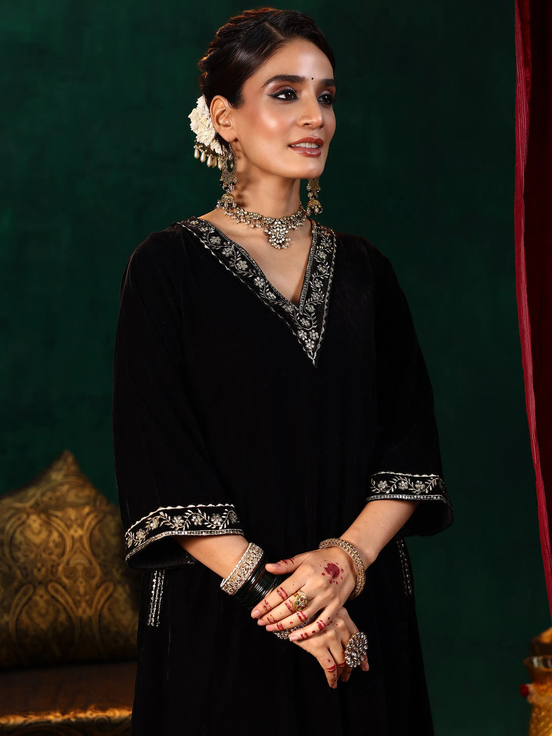  Black Yoke Design Velvet A-Line Kurta With Trousers & Dupatta 