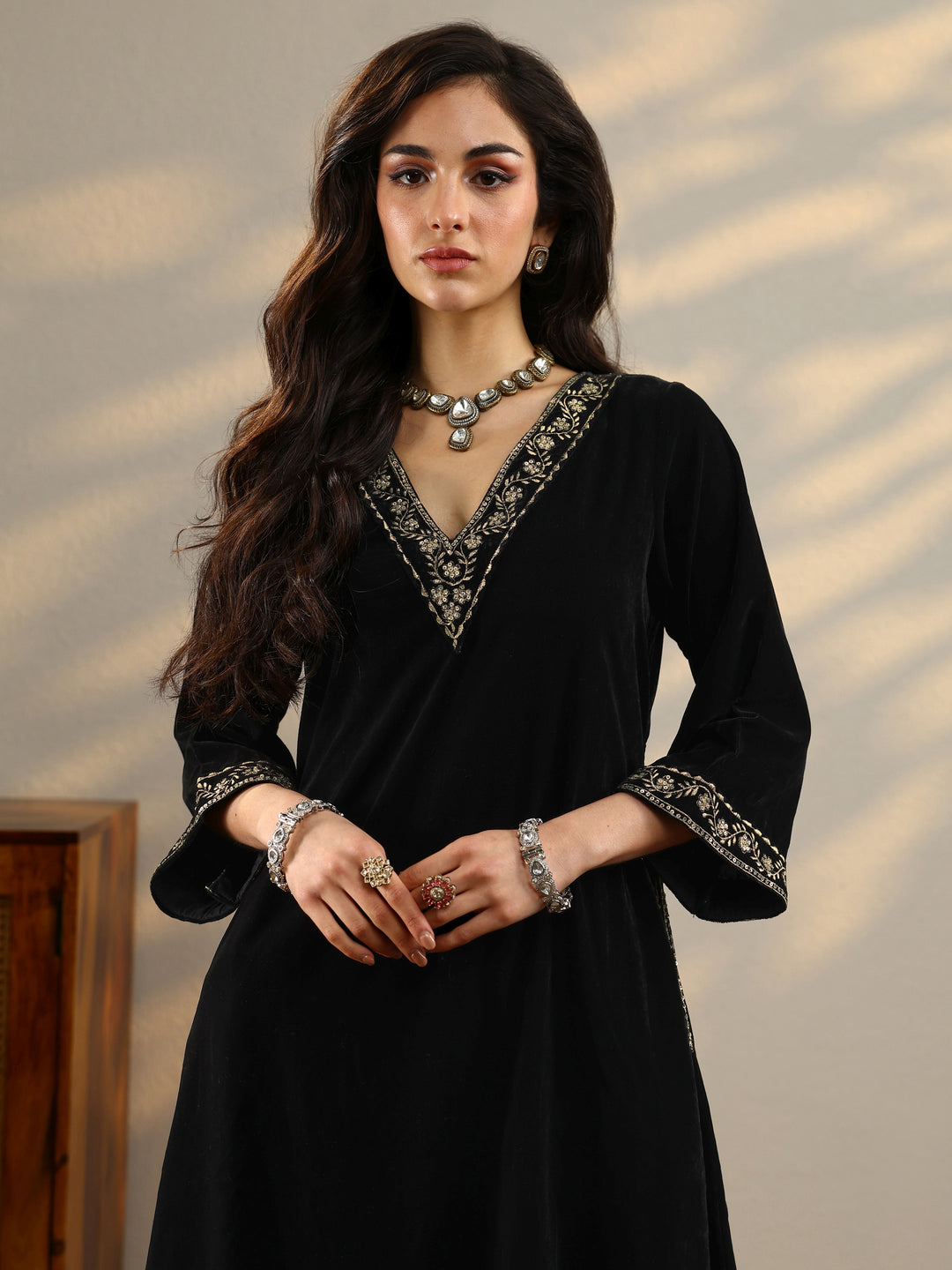  Black Yoke Design Velvet A-Line Kurta With Trousers & Dupatta 