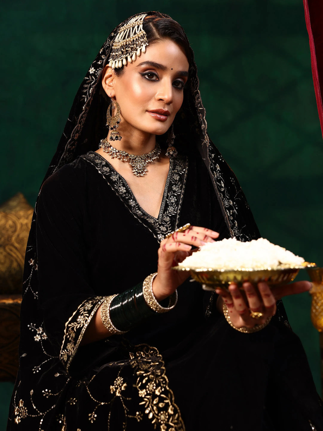  Black Yoke Design Velvet A-Line Kurta With Trousers & Dupatta 