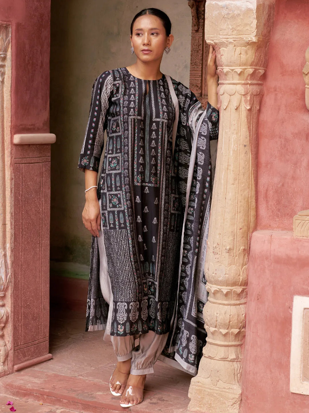 libas Black Printed Silk Blend Straight Suit With Dupatta-picture-22