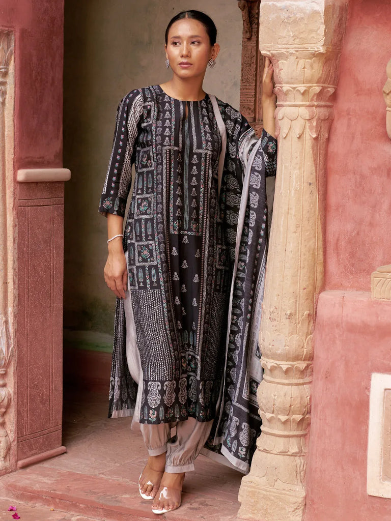 Libas Black Printed Silk Blend Straight Suit With Dupatta