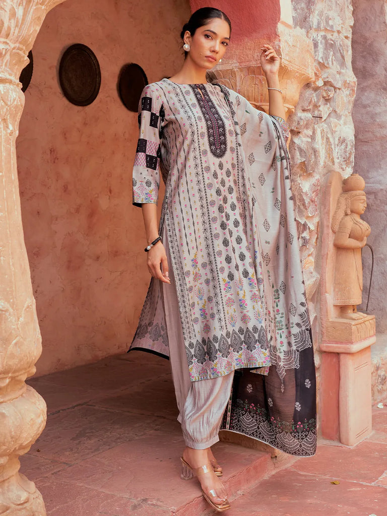 Libas Grey Printed Silk Blend Straight Suit With Dupatta
