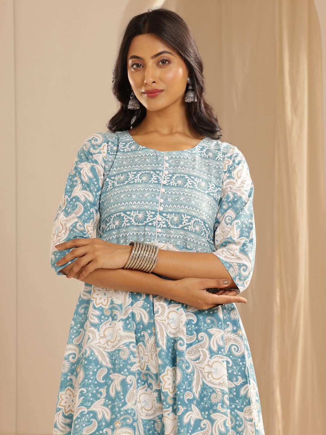  Blue Printed Cotton Anarkali Suit With Dupatta 